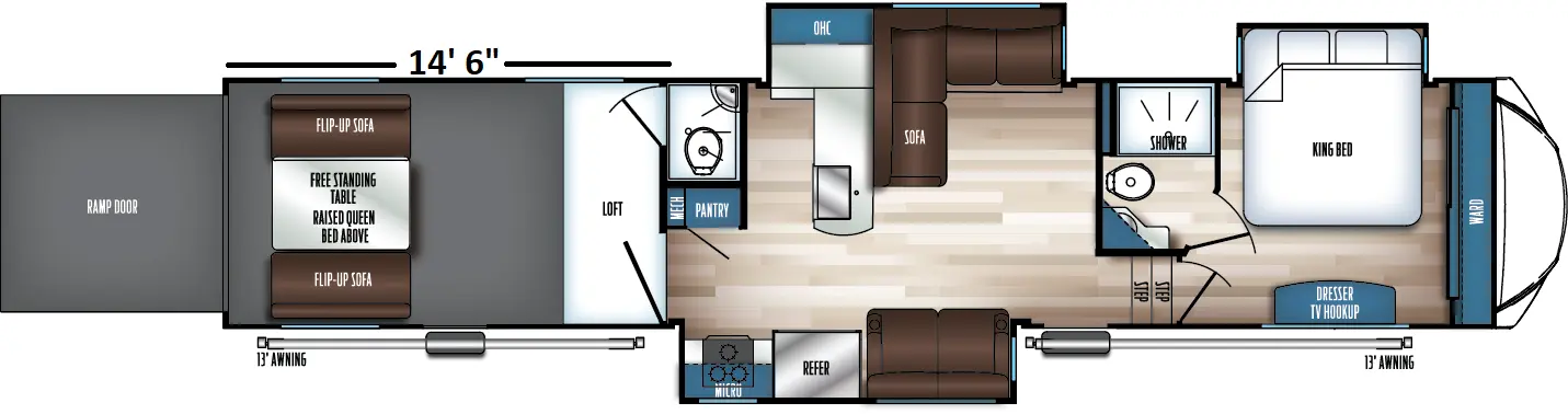 The 391T145 has three slideouts, two entries, and one rear ramp door. Exterior features two 13 foot awnings. Interior layout front to back: front wardrobe, off-door side king bed slideout, door side dresser with TV hookup, and off-door side full bathroom; steps down to main living area and entry; off-door side slideout with l-shape sofa, and kitchen counter with overhead cabinet, and peninsula with sink; door side slideout with sofa, refrigerator, kitchen counter with cooktop, and microwave; pantry along inner wall of half bathroom; rear garage with off-door side half bathroom, loft above, second entry, and rear opposing flip-up sofas with free-standing table and raised queen bed above. Garage dimensions: 14 foot 6 inches from rear to main living area wall.